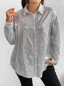 SHEIN LUNE Hơn Thả vai Kim sa Áo sơ mi - Bạc - Xem 1