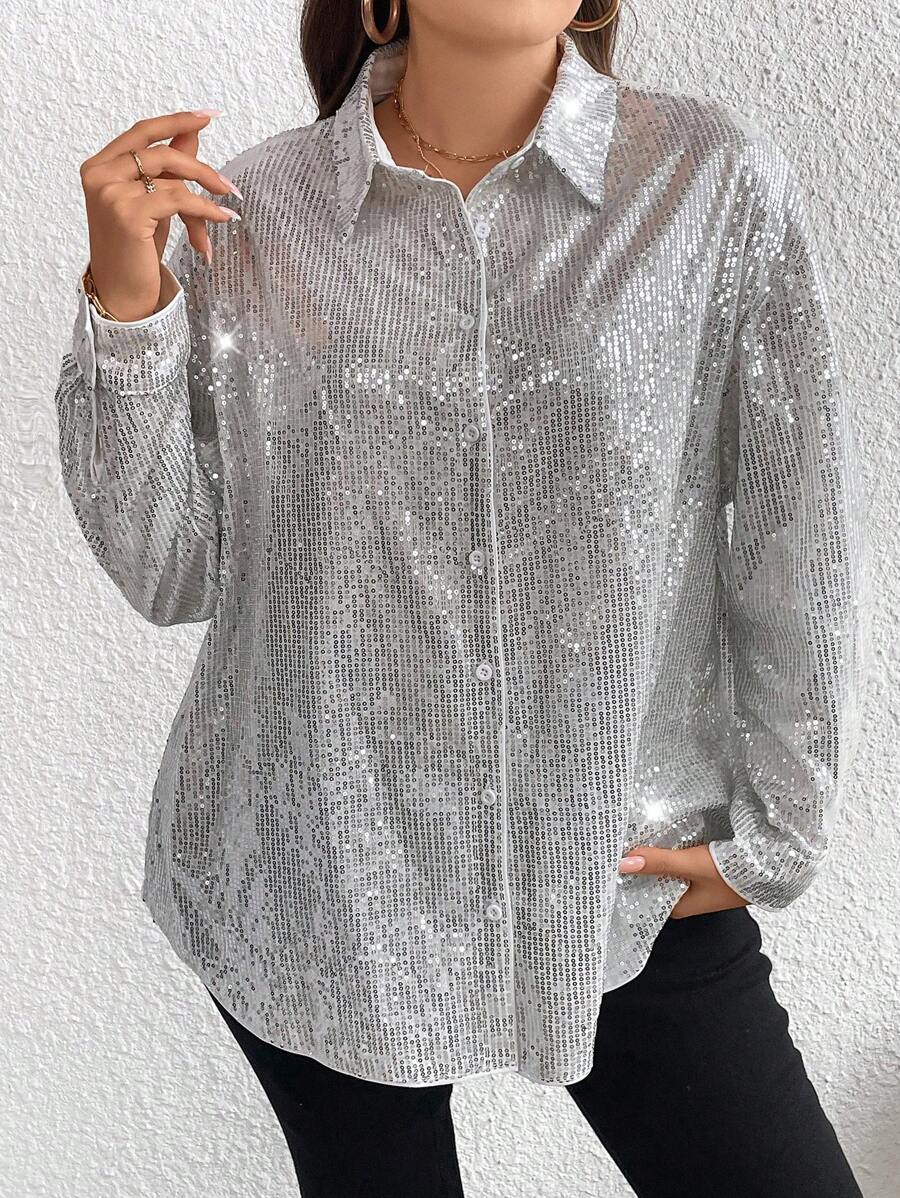 SHEIN LUNE Hơn Thả vai Kim sa Áo sơ mi - Bạc - Xem 1