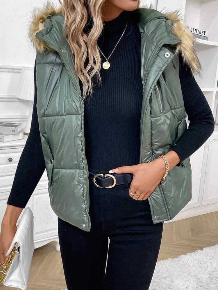 Ladies' Solid Color Zipper Closure Short Padded Vest Jacket Winter Green Casual Christmas