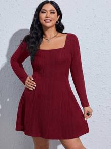 SHEIN EZwear Hơn Chất rắn Cổ vuông Đầm - Màu Hoa hồng đỏ - Xem 3