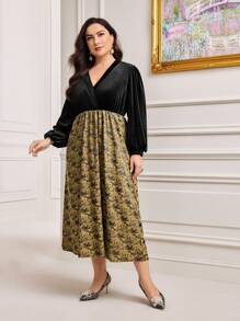 Modelyn Plus Floral Print Surplice Neck Lantern Sleeve Dress Without Belt - Multicolor - View 3