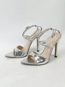 女性高跟涼鞋尖頭露趾金屬質感十字交叉踝帶優雅魅力四射派對涼鞋 - 銀色 - 查看 4