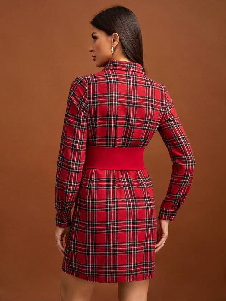 Tartan Print Lace Up Front Shirt Dress