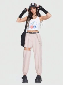 ROMWE Pantalones unicolor con abertura con cinturón - Rosa - Ver 2