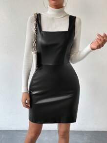 SHEIN Clasi 纯色漆皮连衣裙（不含毛衣） PU 皮革女装 - 黑色 - 查看 6
