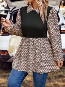 SHEIN LUNE Plus Allover Print Lantern Sleeve Peplum 2 In 1 Top - Multicolor - View 4