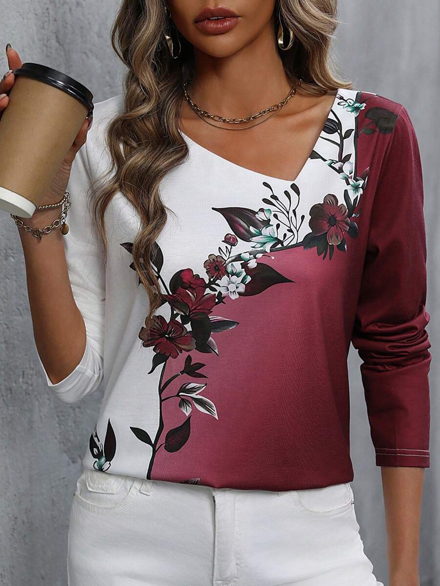 SHEIN LUNE Áo thun họa tiết hoa Colorblock Áo thun họa tiết cho nữ - Nhiều màu - Xem 1