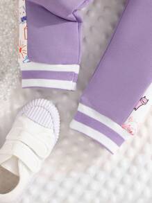 女小童卡通圖案條紋飾邊學院風夾克和運動褲 - 紫色 - 查看 3