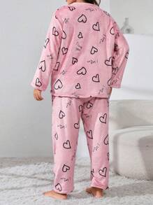 Conjunto de pijama de franela con patrón de corazones y letras talla grande - Rosa - Ver 2