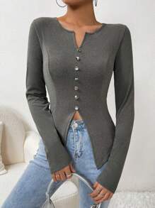 SHEIN Essnce Notched Neck Button Front Tee