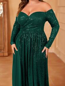 Faeriesty Vestido con hombros descubiertos, frente fruncido, drapeado lateral y lentejuelas en talla grande - Verde Oscuro - Ver 6