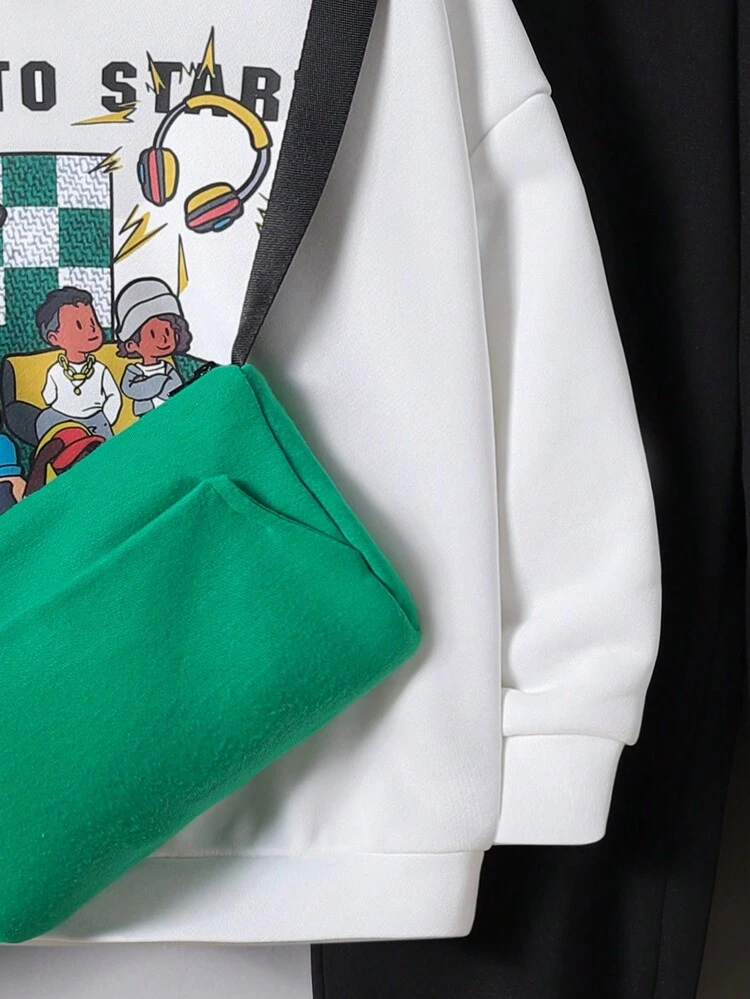 Young Boy Casual Loose Cartoon Character Pattern Hooded Sweatshirt And Knit Pants Set With Contrast Color Crossbody Bag, Fleece, Thickened