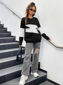 SHEIN EZwear Lightning Pattern Drop Shoulder Sweater - Black and White - View 3