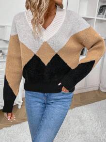 SHEIN LUNE Suéter de punto con hombros caídos y bloques de color para otoño e invierno - Multicolor - Ver 6