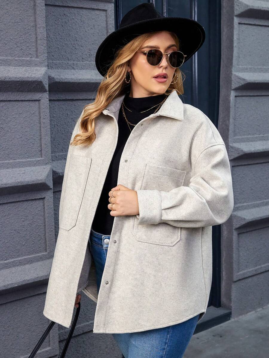 Calvaya Plus Drop Shoulder Pocket Patched Overcoat - Apricot - View 1