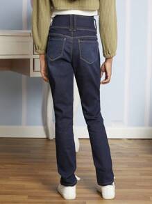 青少女高腰前鈕牛仔褲 - 深色水洗藍 - 查看 2