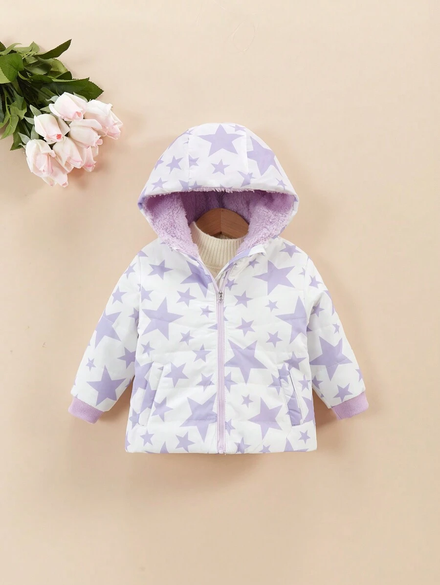SHEIN Baby Girl Star Print Fuzzy Lined Hooded Padded Coat - Purple - View 1