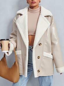 SHEIN Cottnline Teddy Lined Drop Shoulder PU Leather Coat - Beige - View 1