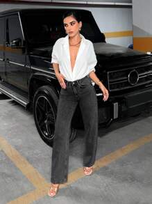 EURMUSE Blugi de damă cu picioare drepte - Gri - Vizualizare 3