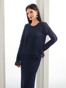 Seusyu Fringe Trim Drop Shoulder Sweater & Knit Skirt - Royal Blue - View 5