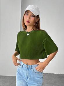 SHEIN EZwear Drop Shoulder Plisse Crop Tee - Army Green - View 5