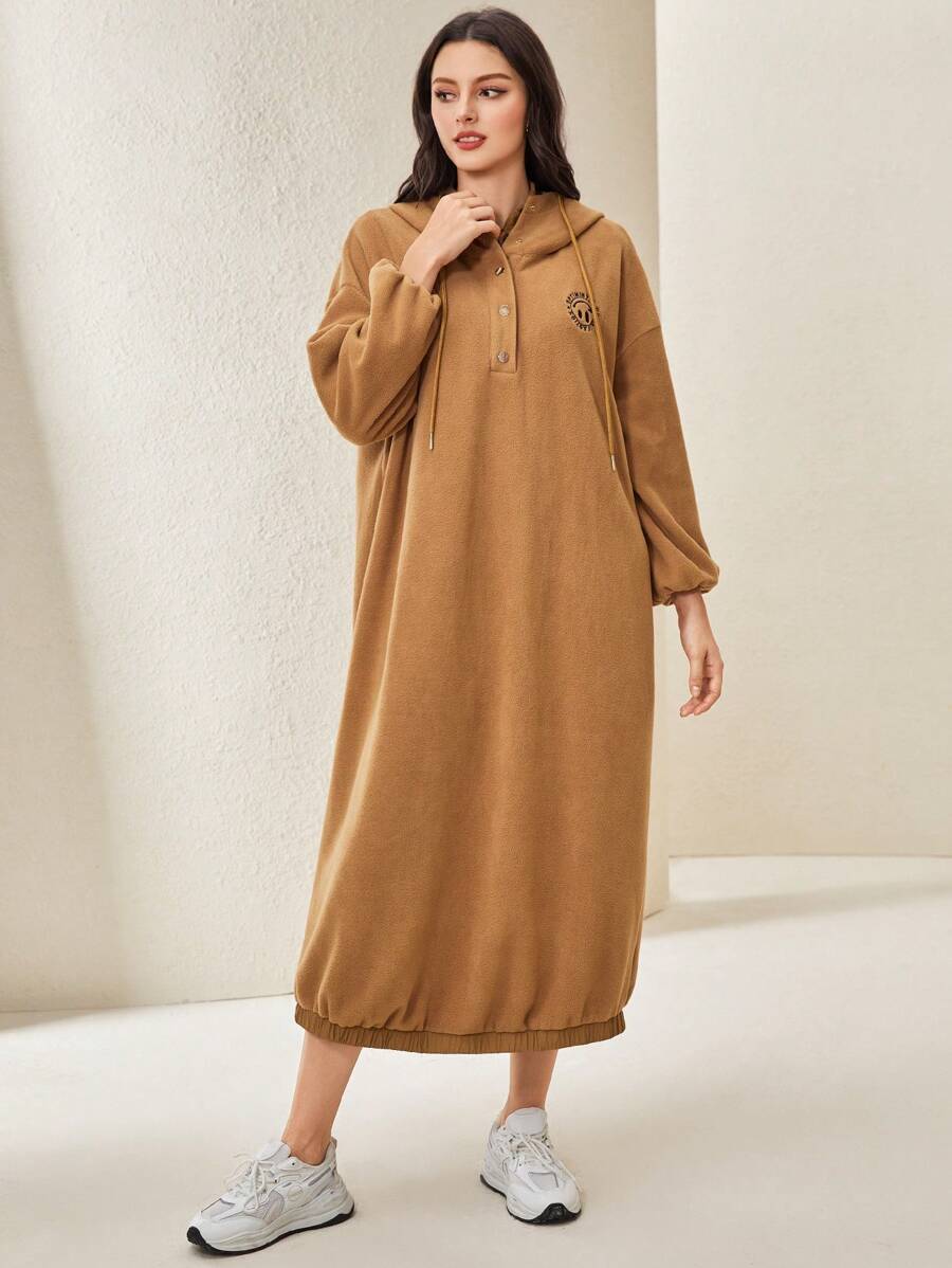 Mulvari Letter Graphic Drop Shoulder Drawstring Hooded Sweatshirt Dress In Fall/Winter - Mocha Brown - View 1