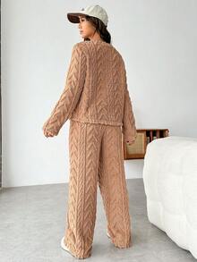 SHEIN EZwear Chất rắn Teddy Áo nỉ & Nút eo Quần - Xám - Xem 4