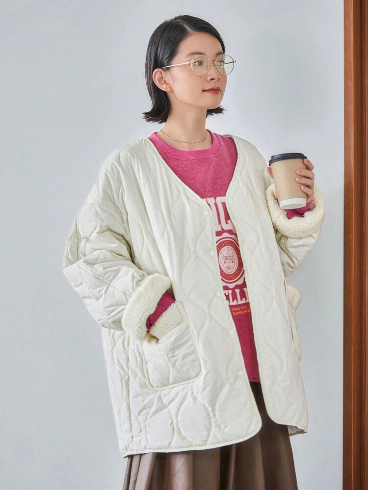 Dual Pocket Drop Shoulder Quilted Coat Jacket Winter