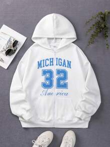 少女字母图案拉链落肩卫衣 - 白色 - 查看 1