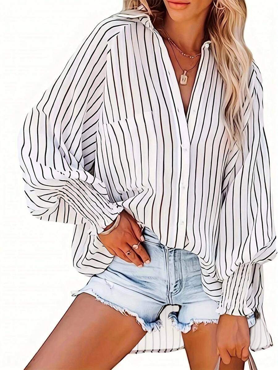 Plus Vertical Striped Batwing Sleeve Blouse