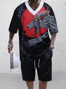 Manfinity LEGND 男士動物印花拼接邊T恤&腰部抽繩短褲 - 黑色 - 查看 1