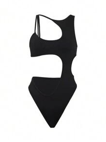 INAWLY Cut Out Asymmetrical Neck Bodysuit