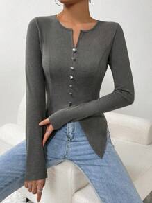 SHEIN Essnce Notched Neck Button Front Tee