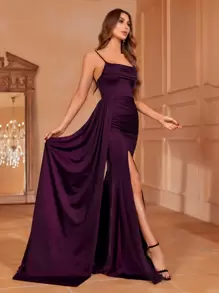 Faeriesty Solid Split Thigh Draped Side Cami Party Dress