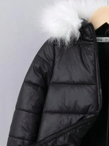 SHEIN Young Boy 1pc Antler Graphic Fuzzy Trim Hooded Padded Coat - Black - View 4