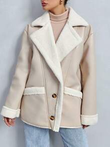 SHEIN Cottnline Teddy Lined Drop Shoulder PU Leather Coat - Beige - View 4