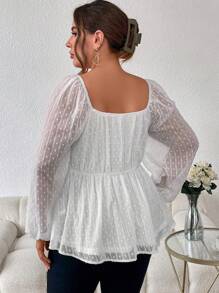 SHEIN Privé Hơn Chấm Swiss Cổ vuông Tay áo lồng đèn Áo sơ mi Peplum - trắng - Xem 2