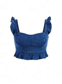 SHEIN Privé Talla grande Top en mezclilla cami crop ribete con fruncido bustier - Azul - Ver 1