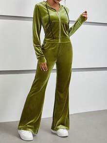 SHEIN EZwear 素色絲絨夾克和字母水鑽裝飾抹胸上衣和喇叭褲 - 軍綠色 - 查看 6