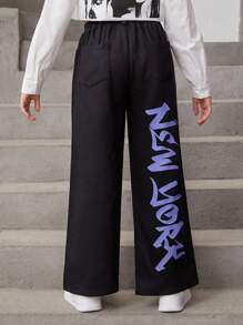 Tween Girl Letter Graphic Wide Leg Pants - Black - View 2