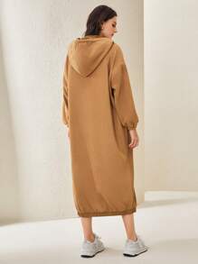 Mulvari Letter Graphic Drop Shoulder Drawstring Hooded Sweatshirt Dress In Fall/Winter - Mocha Brown - View 2