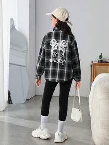 SHEIN 女大童格紋印花字母圖案落肩袖襯衫 - 黑與白 - 查看 3