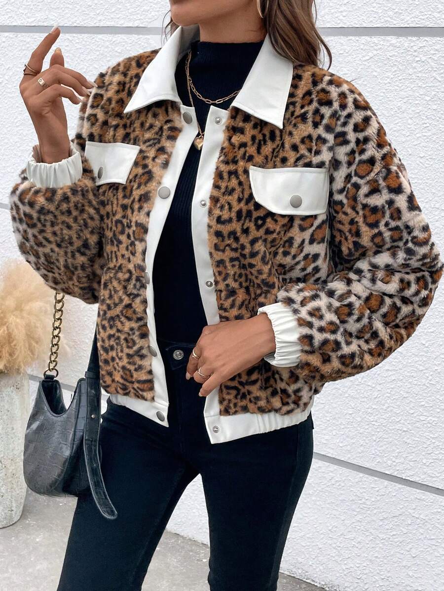 SHEIN LUNE Cazadora teddy con patrón de leopardo de hombros caídos con diseño de solapa - Marrón - Ver 1
