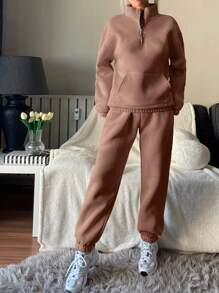 RueChic 半拉鏈落肩袖衛衣和衛褲 - 棕色 - 查看 3