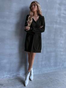 SHEIN Unity 素色袋鼠口袋連帽衛衣裙 - 黑色 - 查看 7