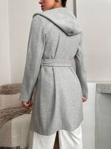 EURMUSE Hooded Woolen Coat With Side Pockets And Belt - Grey - View 3