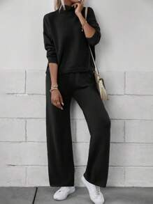 EMERY ROSE Turtleneck Drop Shoulder Sweater & Knit Pants - Black - View 1