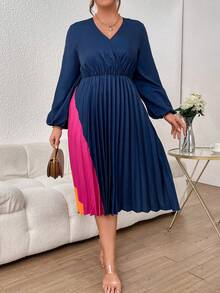 SHEIN Privé 大碼撞色燈籠袖百褶下擺洋裝 - 藍色 - 查看 6