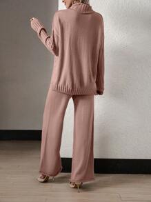 SHEIN Unity Turtleneck Drop Shoulder Sweater & Knit Pants - Dusty Pink - View 2