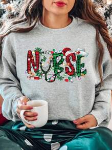 INAWLY Plus Size Christmas Pattern Fleece Sweatshirt Pullover Fall Outfit